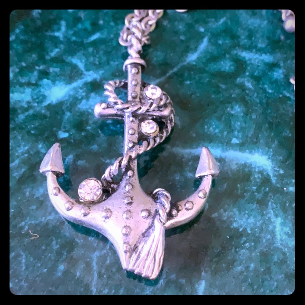Silver tone rhinestone anchor necklace Nautical!
